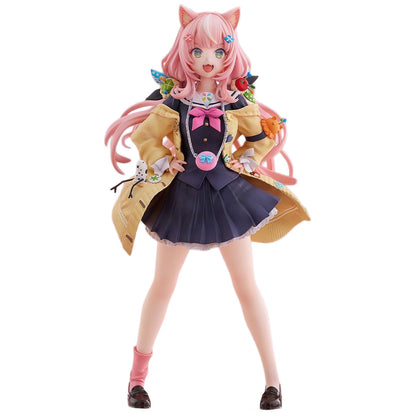 A full-body anime-style figurine of Yang Nari from NIJISANJI, wearing a tan coat over a dark navy pleated dress with a pink bow, posed against a plain white background.