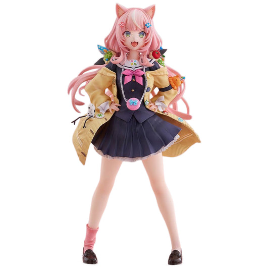 A full-body anime-style figurine of Yang Nari from NIJISANJI, wearing a tan coat over a dark navy pleated dress with a pink bow, posed against a plain white background.