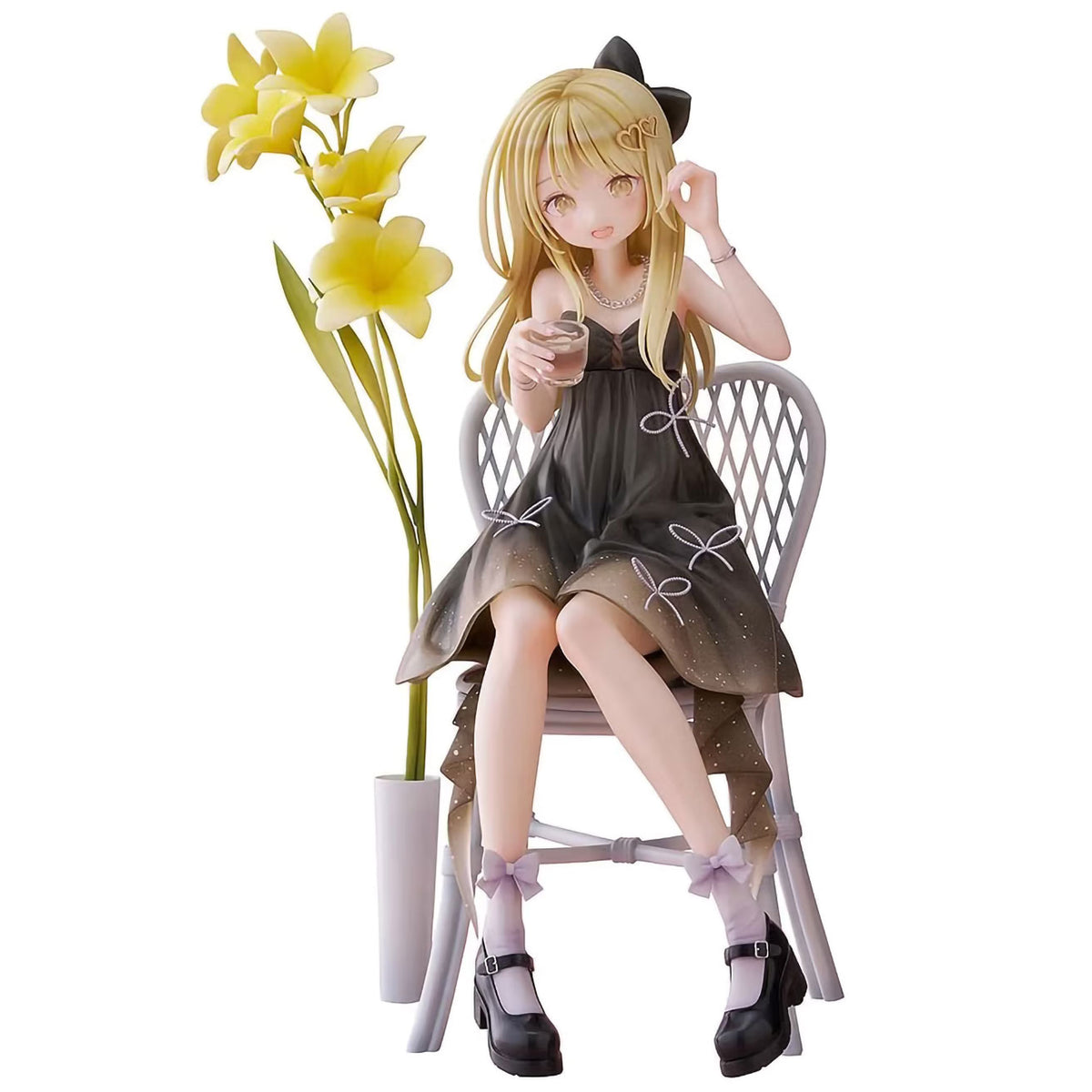 An anime figurine of a blonde girl sitting on a white chair next to a vase of yellow flowers, wearing a dark brown dress.
