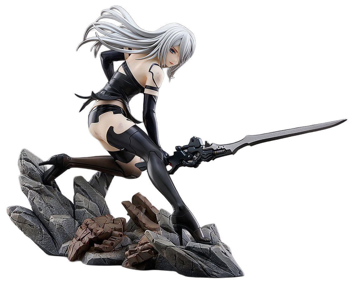 A detailed anime figurine of a silver-haired female warrior in a dynamic combat pose, holding a large sword. She is posed on a rocky base against a solid white background.