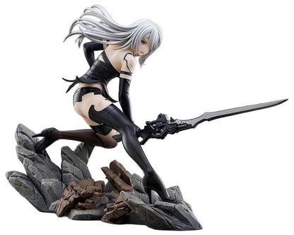 A detailed anime figurine of a silver-haired female warrior in a dynamic combat pose, holding a large sword. She is posed on a rocky base against a solid white background.