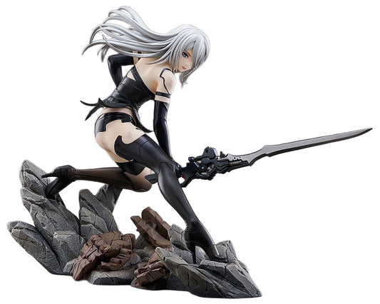 A detailed anime figurine of a silver-haired female warrior in a dynamic combat pose, holding a large sword. She is posed on a rocky base against a solid white background.