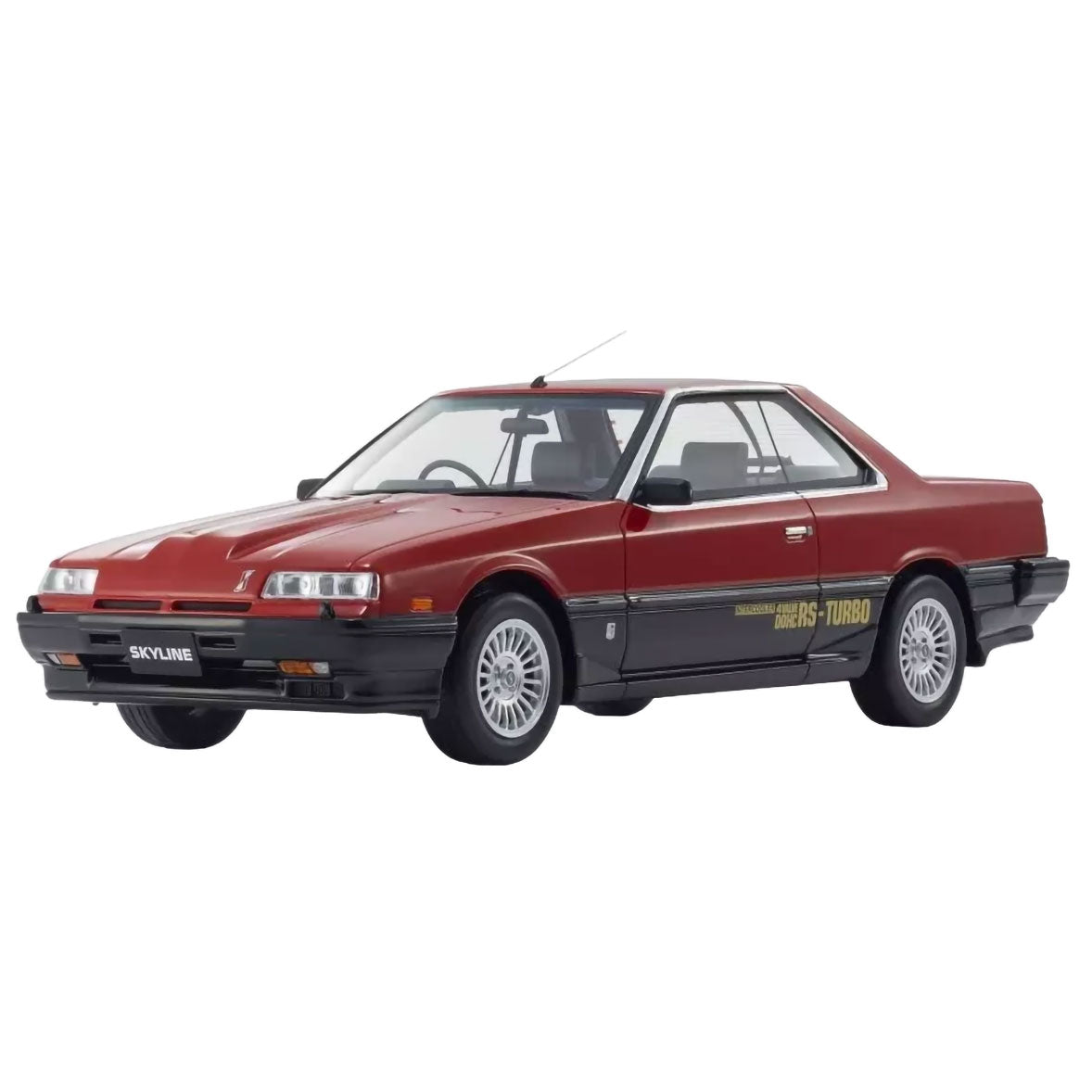 A red and black Nissan Skyline 2000 Turbo RS-X model car with gold side decals, shown from a three-quarter front angle on a solid white background.