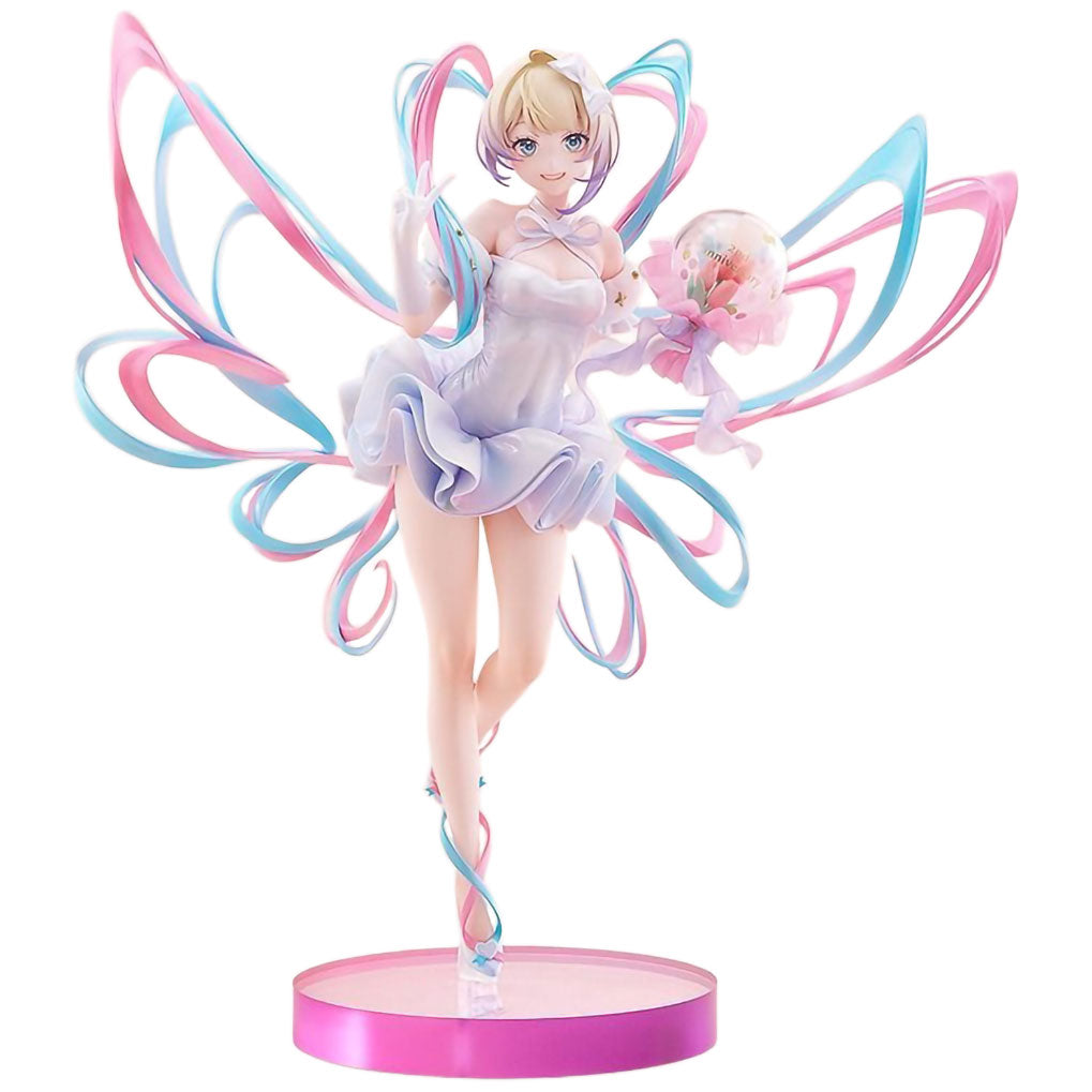 An anime figurine of OMGkawaiiAngel from Needy Streamer Overload with blonde hair, wearing a light lavender dress and holding a pink flower, set against a plain white background. The figure has large, flowing pink and blue ribbon hair and stands on a round base.