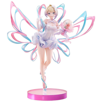 An anime figurine of OMGkawaiiAngel from Needy Streamer Overload with blonde hair, wearing a light lavender dress and holding a pink flower, set against a plain white background. The figure has large, flowing pink and blue ribbon hair and stands on a round base.