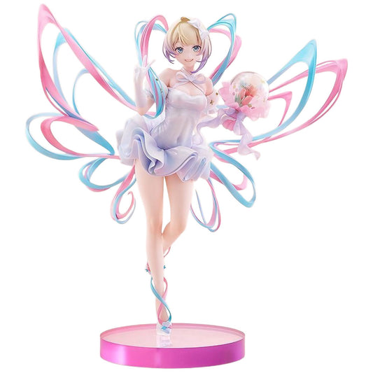 An anime figurine of OMGkawaiiAngel from Needy Streamer Overload with blonde hair, wearing a light lavender dress and holding a pink flower, set against a plain white background. The figure has large, flowing pink and blue ribbon hair and stands on a round base.