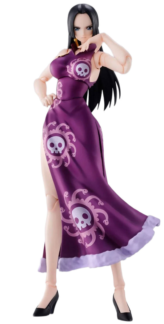 A collectible figure of the anime character Boa Hancock from One Piece, wearing a purple dress with pink skull and wave patterns, posed against a solid white background.
