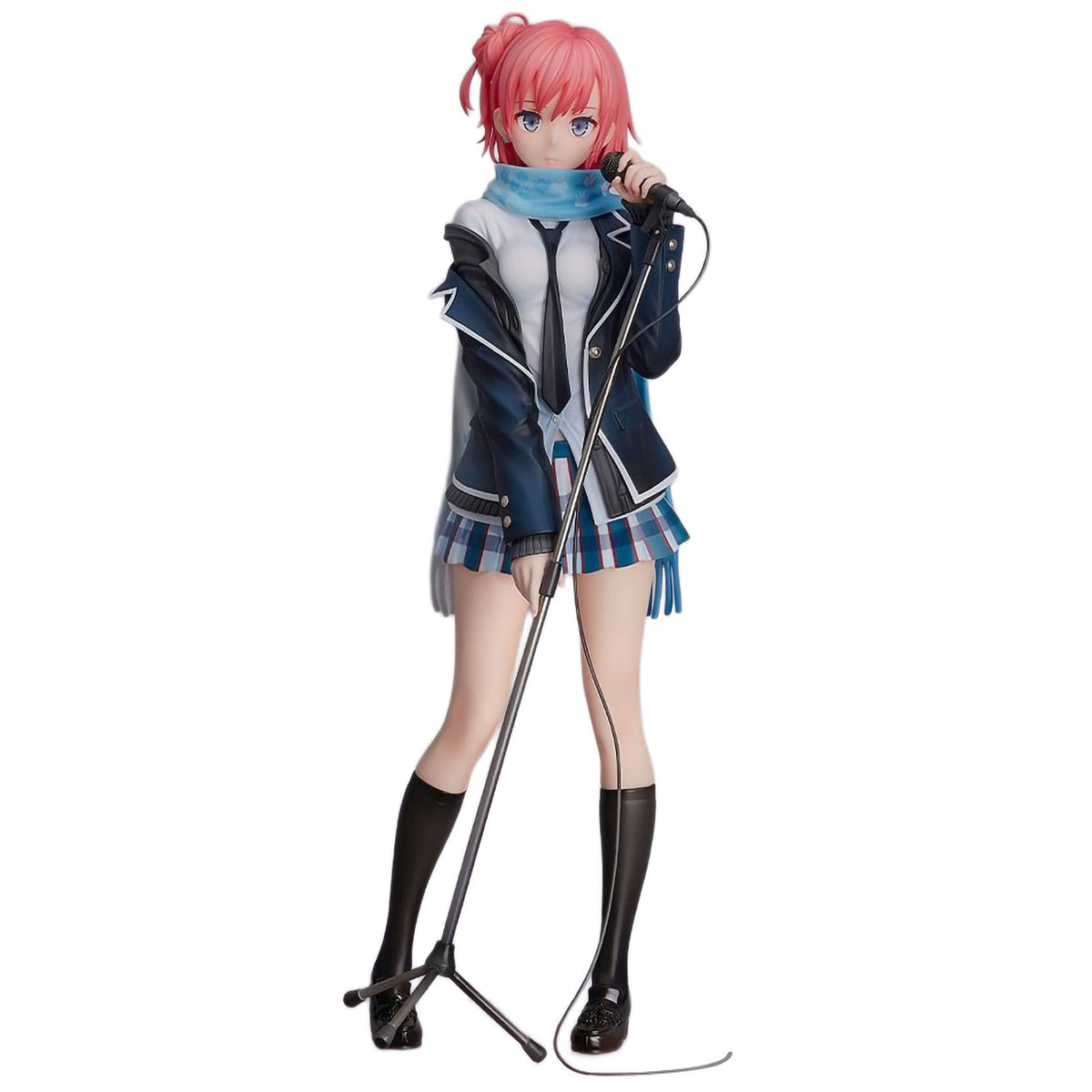 Yui Yuigahama from My Youth Romantic Comedy Is Wrong, as I Expected figure with pink hair, wearing a blue and white school uniform jacket, plaid skirt, black socks, and holding a microphone stand against a plain white background.
