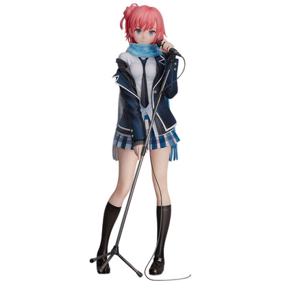 Yui Yuigahama from My Youth Romantic Comedy Is Wrong, as I Expected figure with pink hair, wearing a blue and white school uniform jacket, plaid skirt, black socks, and holding a microphone stand against a plain white background.