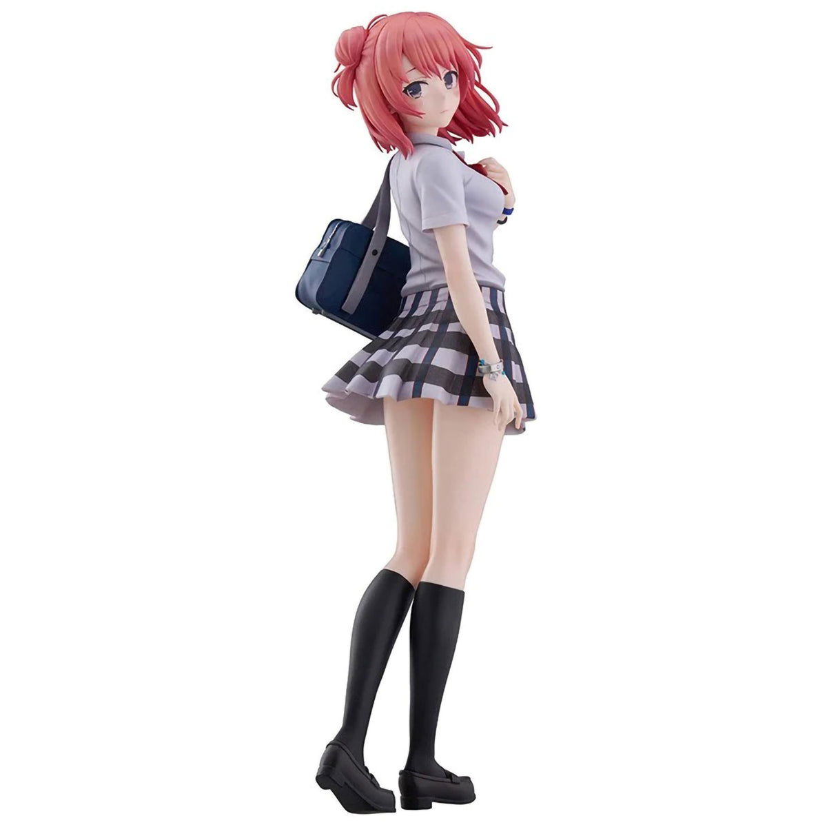 An anime figurine of Yui Yuigahama from My Teen Romantic Comedy SNAFU with pink hair, wearing a gray and black plaid school uniform, black knee-high socks, and carrying a dark blue-gray shoulder bag, shown against a plain white background.