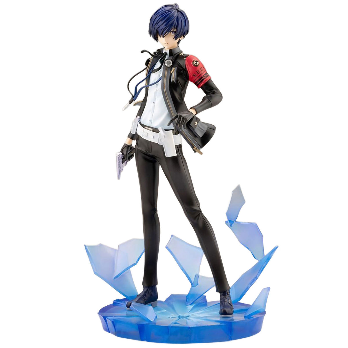 A collectible anime figurine of Protagonist from Persona 3 Reload with blue hair, wearing a black jacket, white shirt, and black pants, standing on a cracked blue translucent base against a white background.