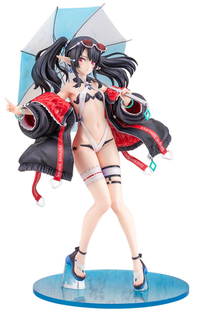 An anime figurine of a female character with long black hair, wearing a black and red jacket, a white bikini, thigh-high stockings, and blue high heels, holding a light blue umbrella and standing on a blue circular base against a white background.