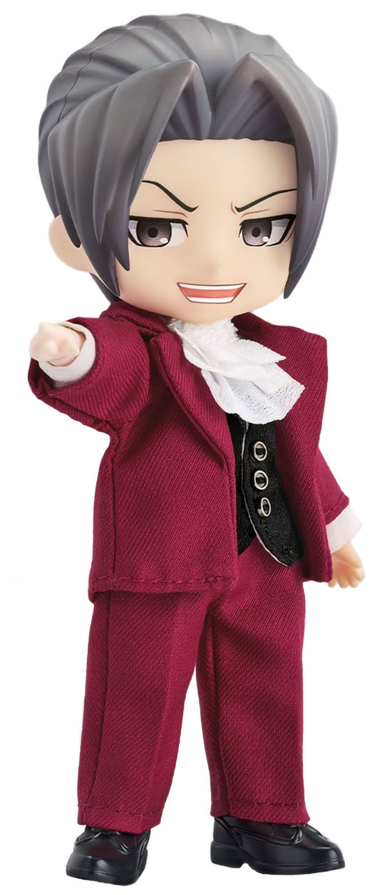 A chibi-style collectible figure with short gray hair, wearing a burgundy suit, black vest, white ruffled collar, and black shoes against a plain white background.