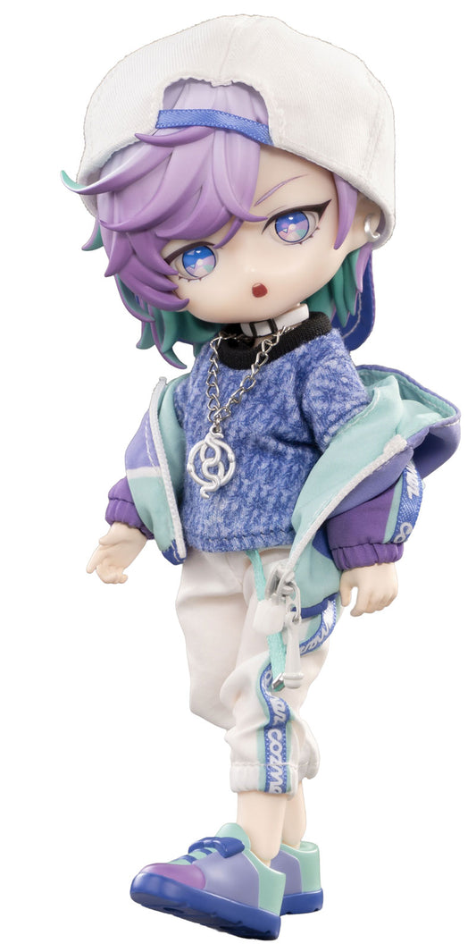 A chibi-style anime figurine of a character with purple and teal hair, wearing a white cap, blue patterned jacket, white pants, and blue sneakers, shown against a plain white background.