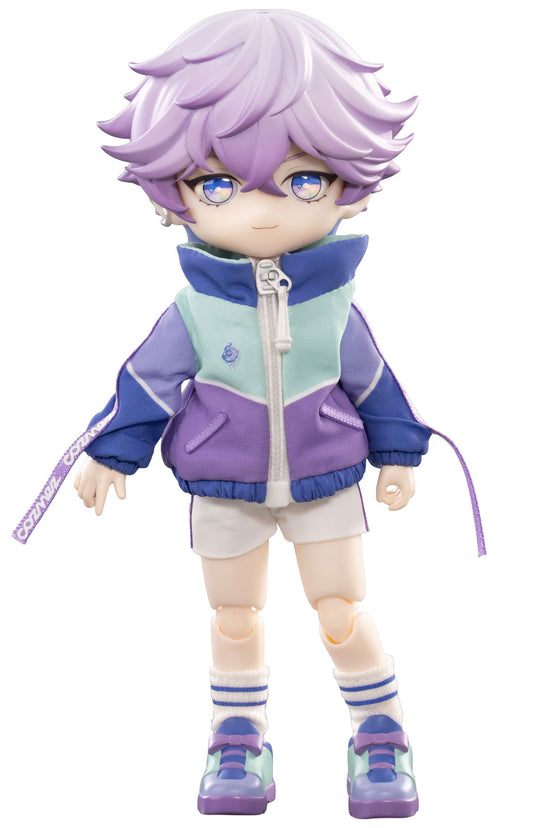 A stylized anime action figure of a character with lavender hair, wearing a purple and light blue jacket, white shorts, and purple sneakers, isolated on a white background.