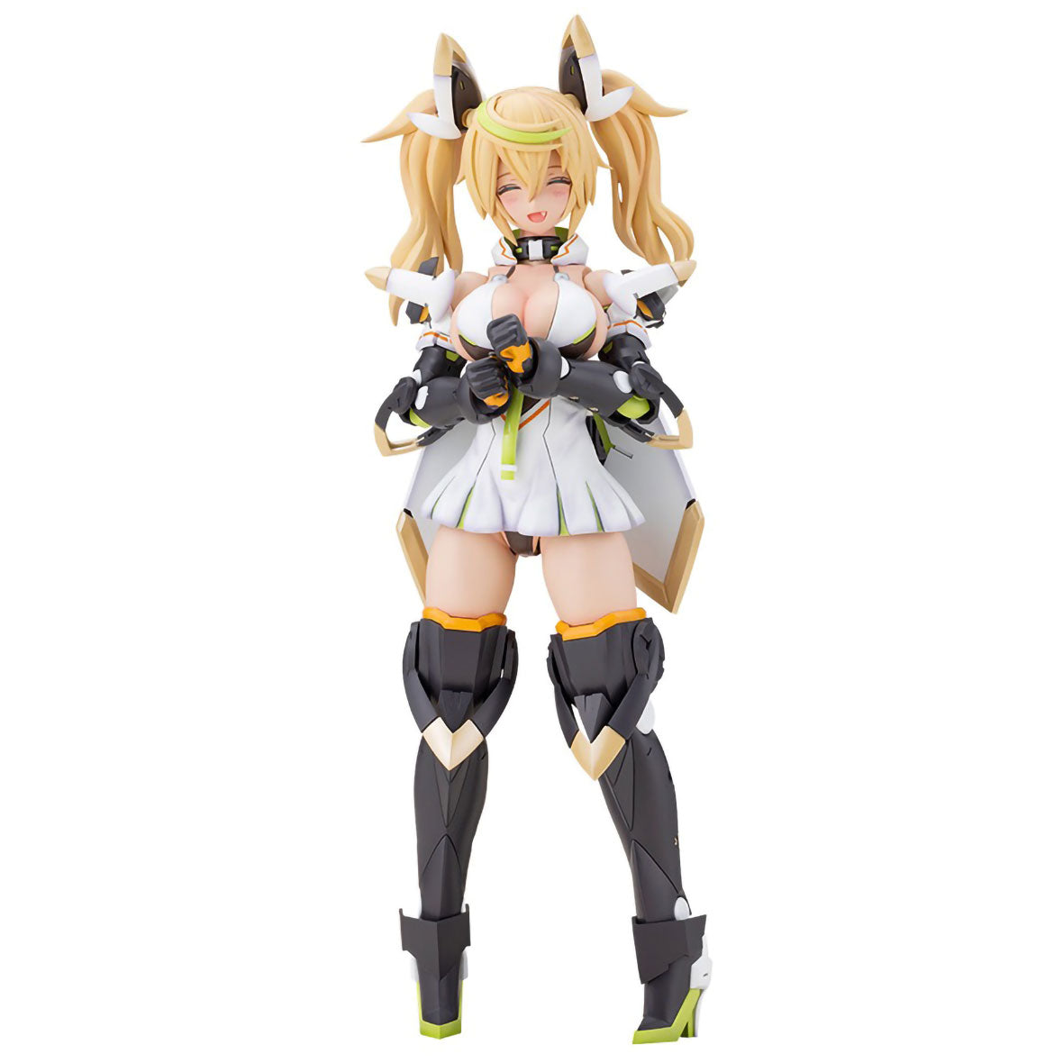 A full-body anime figurine of Gene from Phantasy Star Online 2 with cat-like ears, wearing a white and gray outfit with black and gray leg armor and small lime-green accents, posed against a plain white background.