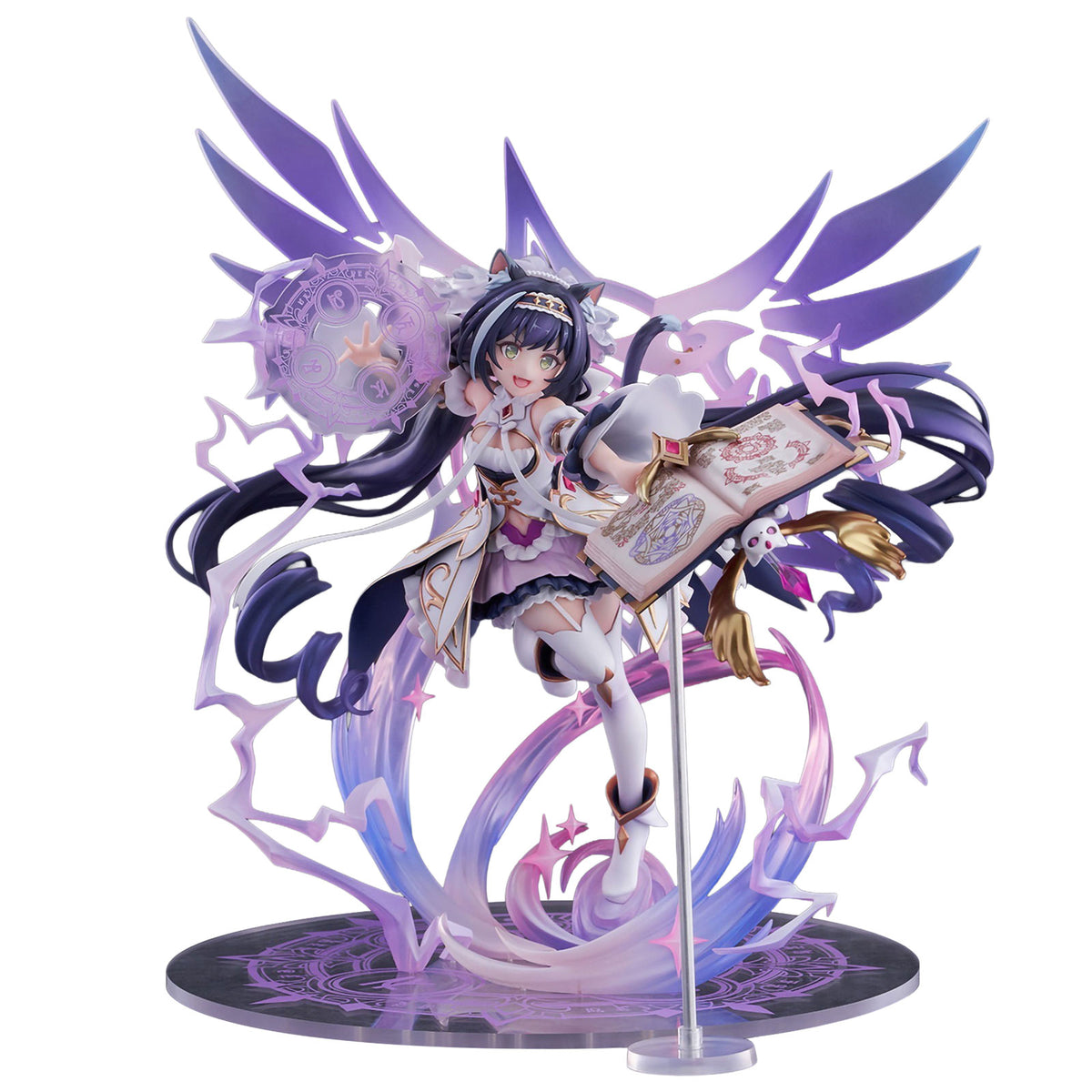 A detailed anime figurine of Karyl Princess Connect! Re:Dive with long dark purple hair, white and purple outfit, holding a book, with large translucent purple wings and magical effects, displayed on a stand against a white background.