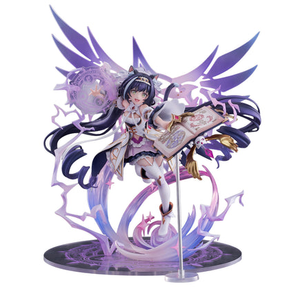 A detailed anime figurine of Karyl Princess Connect! Re:Dive with long dark purple hair, white and purple outfit, holding a book, with large translucent purple wings and magical effects, displayed on a stand against a white background.