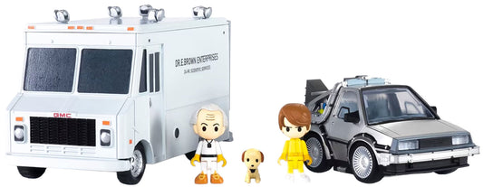 A set of figurines featuring a white GMC value van, a silver DeLorean time machine, and two small character figures with a small dog, shown on a plain white background.