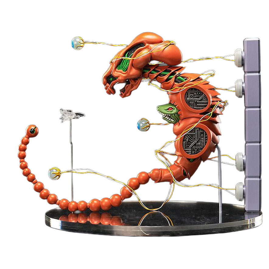 A detailed collectible figurine of a red and orange dragon-like creature, Dobkeratops, from R-Type with green accents, mounted on a black base with a silver vertical support stand, set against a plain white background.