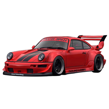 A red widebody sports car RWB 964 with black racing stripes, black wheels on a plain white background.