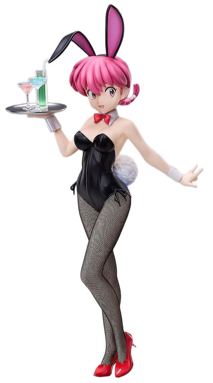 A collectible anime figure of a bunny-themed waitress with pink hair, wearing a black bunny costume, fishnet stockings, and red high heels, holding a silver tray with drinks against a plain white background.
