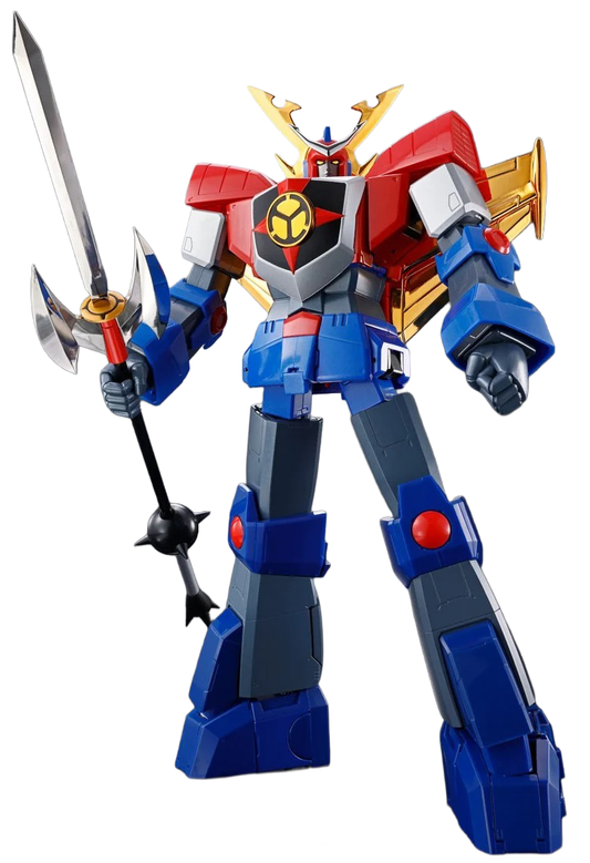 A robot figure in a red, blue, gray, and gold color scheme, holding a large silver sword, isolated on a white background.
