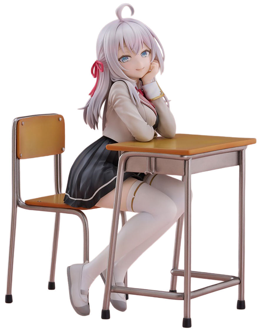 A detailed anime figurine of a girl with lavender hair and blue eyes sitting at a wooden school desk with a metal frame, wearing a beige cardigan, black pleated skirt, and white thigh-high stockings, set against a plain white background.