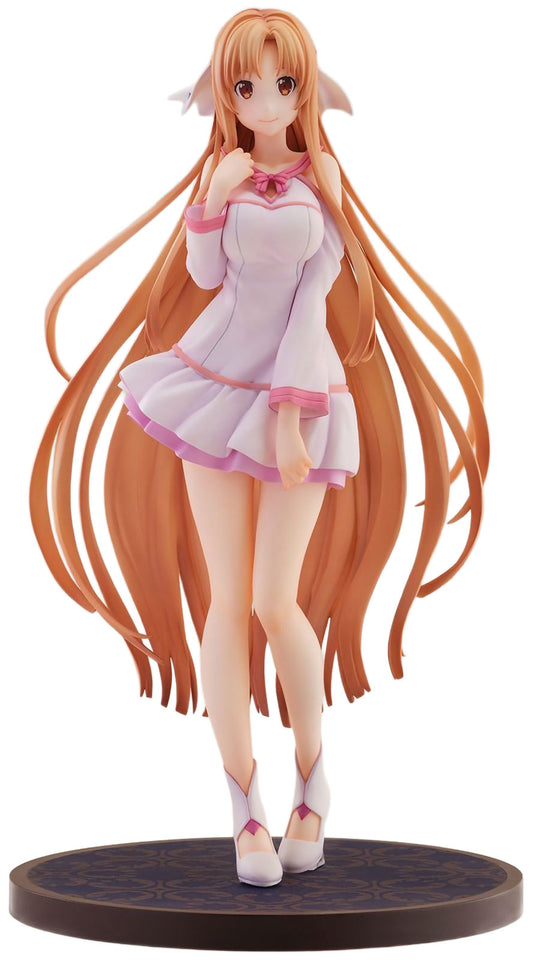 An anime figurine of Sword Art Online Asuna with long orange hair, wearing a light pink and white dress, standing on a dark round base against a white background.
