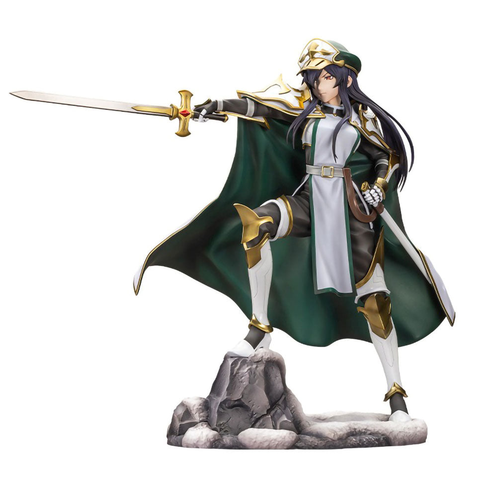 A detailed anime figurine of Patausche Kivia from Sentenced to Be a Hero in a green and white outfit with gold accents, holding a sword, posed on a rocky base against a white background.