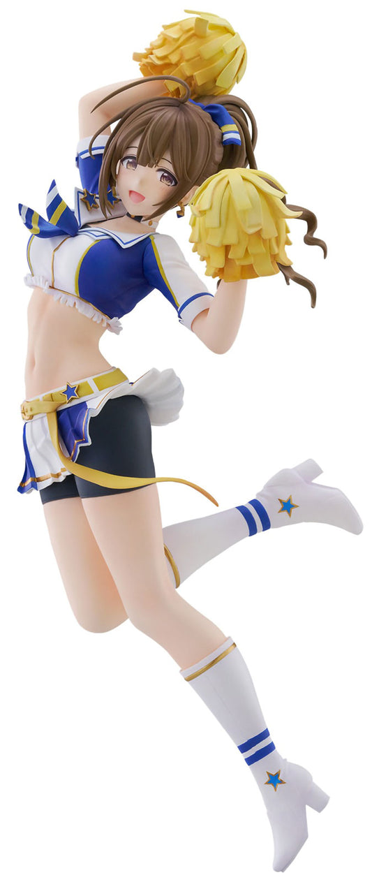 An anime-style cheerleader figurine posed mid-leap, wearing a blue, white, and black outfit with yellow pom-poms and white knee-high socks on a plain white background.