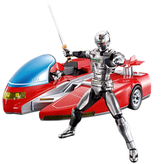 Toy robot in silver and black standing next to a red and blue toy vehicle on a white background