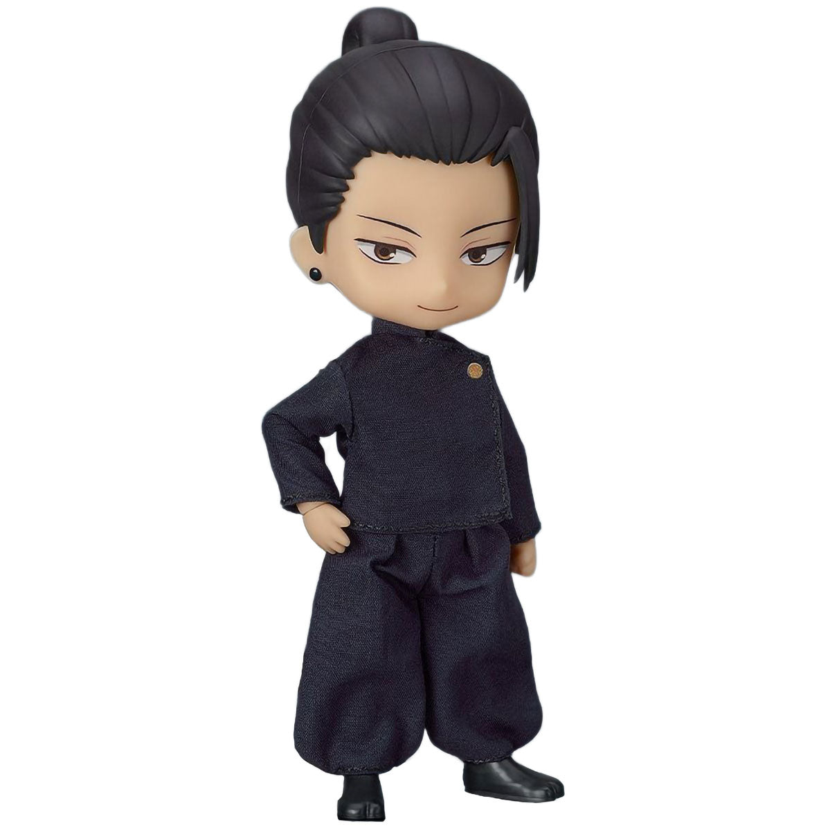 A chibi-style collectible figure of Suguru Geto from Jujutsu Kaisen with black hair in a topknot, wearing a dark navy blue outfit with a small gold button detail, set against a plain white background.