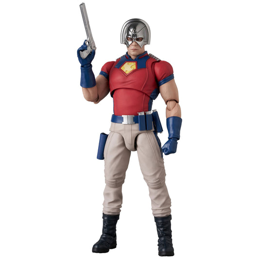 Peacemaker from Suicide Squad action figure in a red and blue costume with a helmet, holding a gun on a white background
