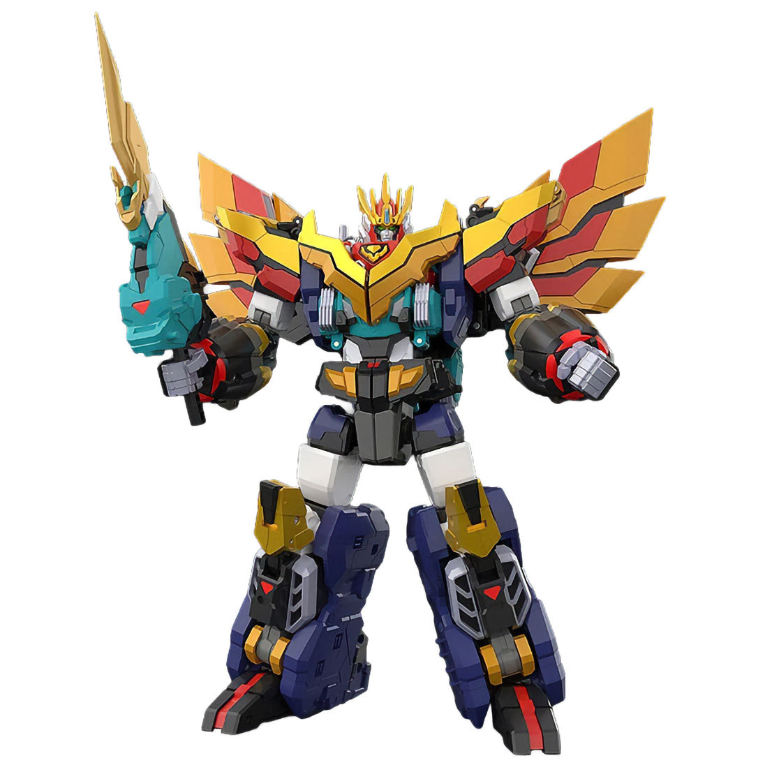 THE GATTAI DX DANDIVINE action figure featuring a multicolored robot with gold and red wing-like shoulder armor, a raised sword, and bulky navy blue mechanical legs.