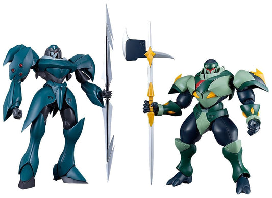 Two robot figures, one blue and one green, holding weapons on a white background.