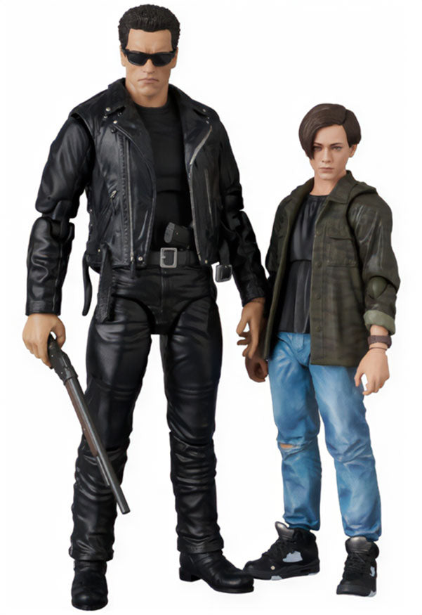Two action figures, one in black leather outfit and the other in casual clothing, standing side by side on a white background.