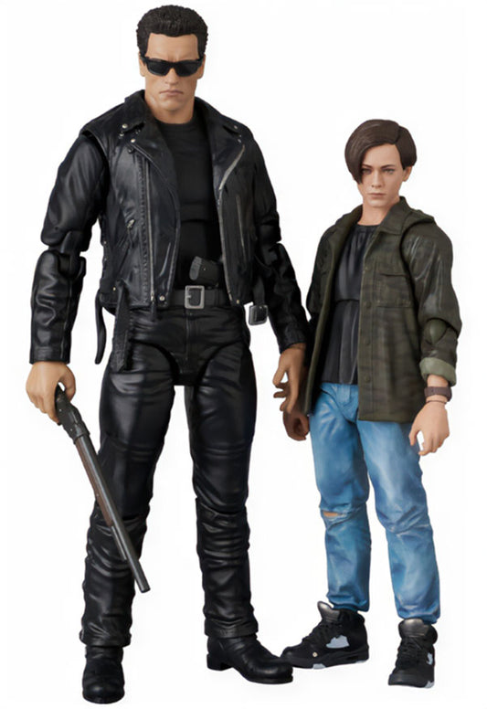 Two action figures, one in black leather outfit and the other in casual clothing, standing side by side on a white background.