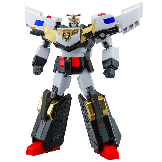 A detailed J-Decker from The Brave Police J-Decker action figure with a white, black, and gray body, accented by gold chest plates, blue panels on the shoulders, and red details on the feet and hands, set against a plain white background.