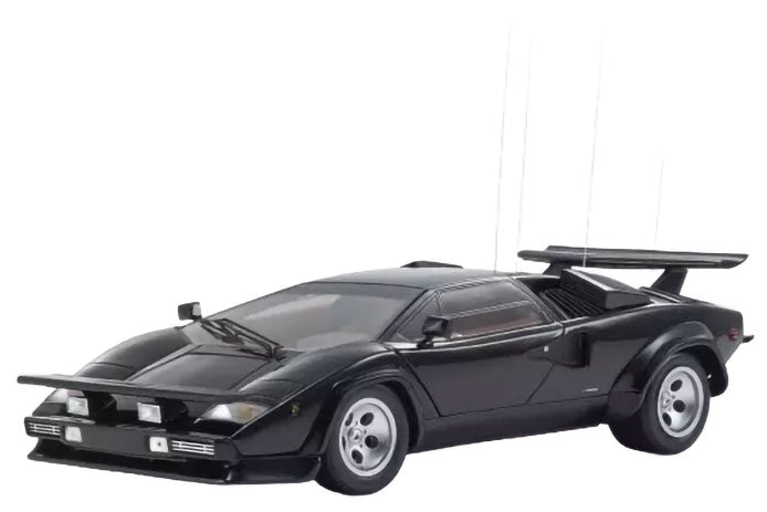 A black model car with silver wheels and antennas, shown on a plain white background.