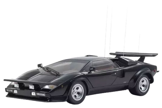 A black model car with silver wheels and antennas, shown on a plain white background.