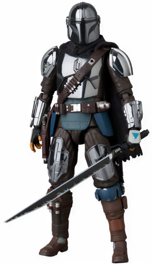 Action figure in a detailed costume with armor and weapon on a white background