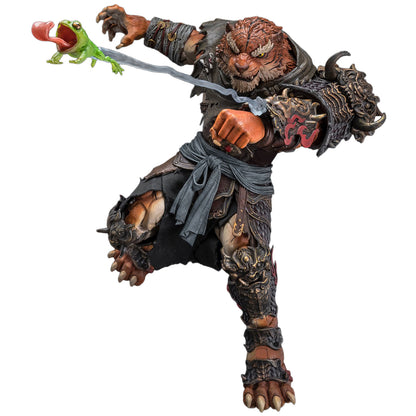 A detailed action figure of Tiger Vanguard Jinshan Jun in dark armor, holding a green frog creature in one hand, set against a plain white background.