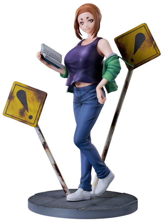 A Mysterious Disappearance Sumireko Ogawa figurine standing on a round base, wearing a purple sleeveless top, blue jeans, and white sneakers, while holding a book. She is posed between two yellow warning signs with exclamation marks on a white background.