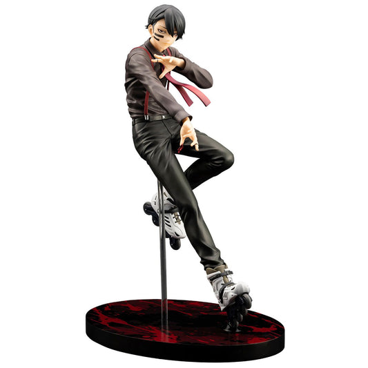 A collectible anime figurine of Naito Mudano Tougen Anki in a dynamic pose, mounted on a black circular base with a red marbled pattern. The figure is wearing a dark brown jacket, black pants, and white roller skates, set against a plain white background.