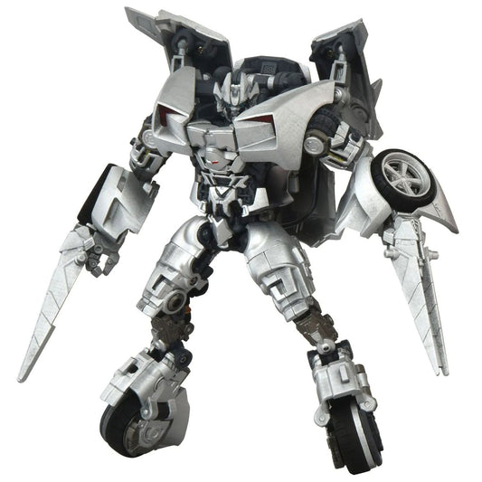A silver and black robot, Sideswipe from Transformers action figure with sharp metallic limbs and a wheel-like accessory on one arm, shown against a plain white background.