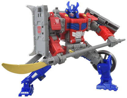 Transformers toy figure with red, gray, and blue colors on a white background