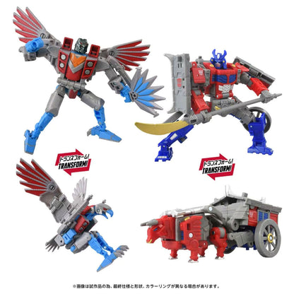 Transformers toy set with multiple forms on a white background