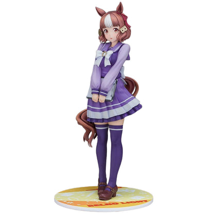 An anime-style collectible figurine of Belno Light from Umamusume: Cinderella Gray with brown and white hair, wearing a purple schoolgirl uniform with a striped skirt, knee-high socks, and a brown tail, standing on a round display base against a plain white background.
