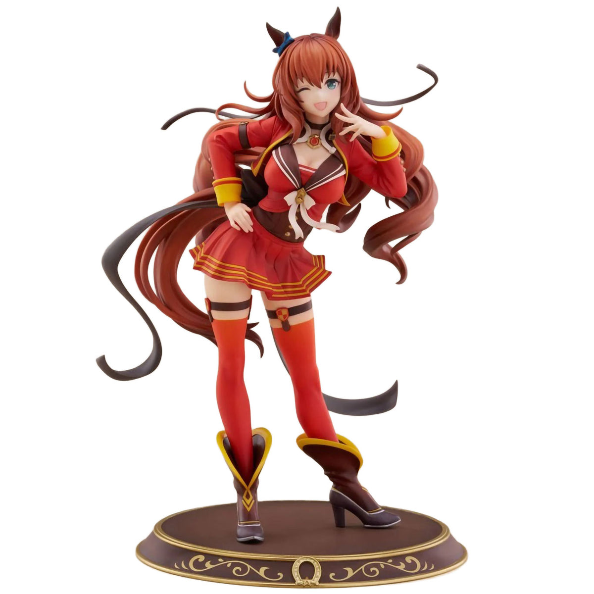 A collectible anime figurine of a horse-themed female character Maruzensky from Umamusume: Pretty Derby with reddish-brown hair, wearing a red and brown schoolgirl-style outfit with thigh-high red socks and a brown base, photographed on a plain white background.